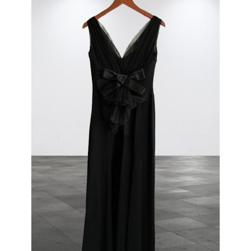 PAULE KA Evening Gown Elegant Black Sleeveless Dress V-Neck & Bow Detail